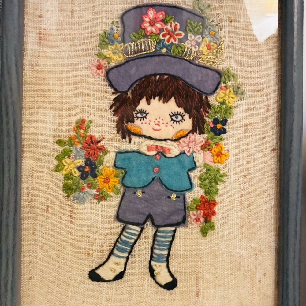 Vintage MCM Crewel Embroidery Barbara Keane's BIG EYES Boy & Girl Pair Art Work - Picture 5 of 11
